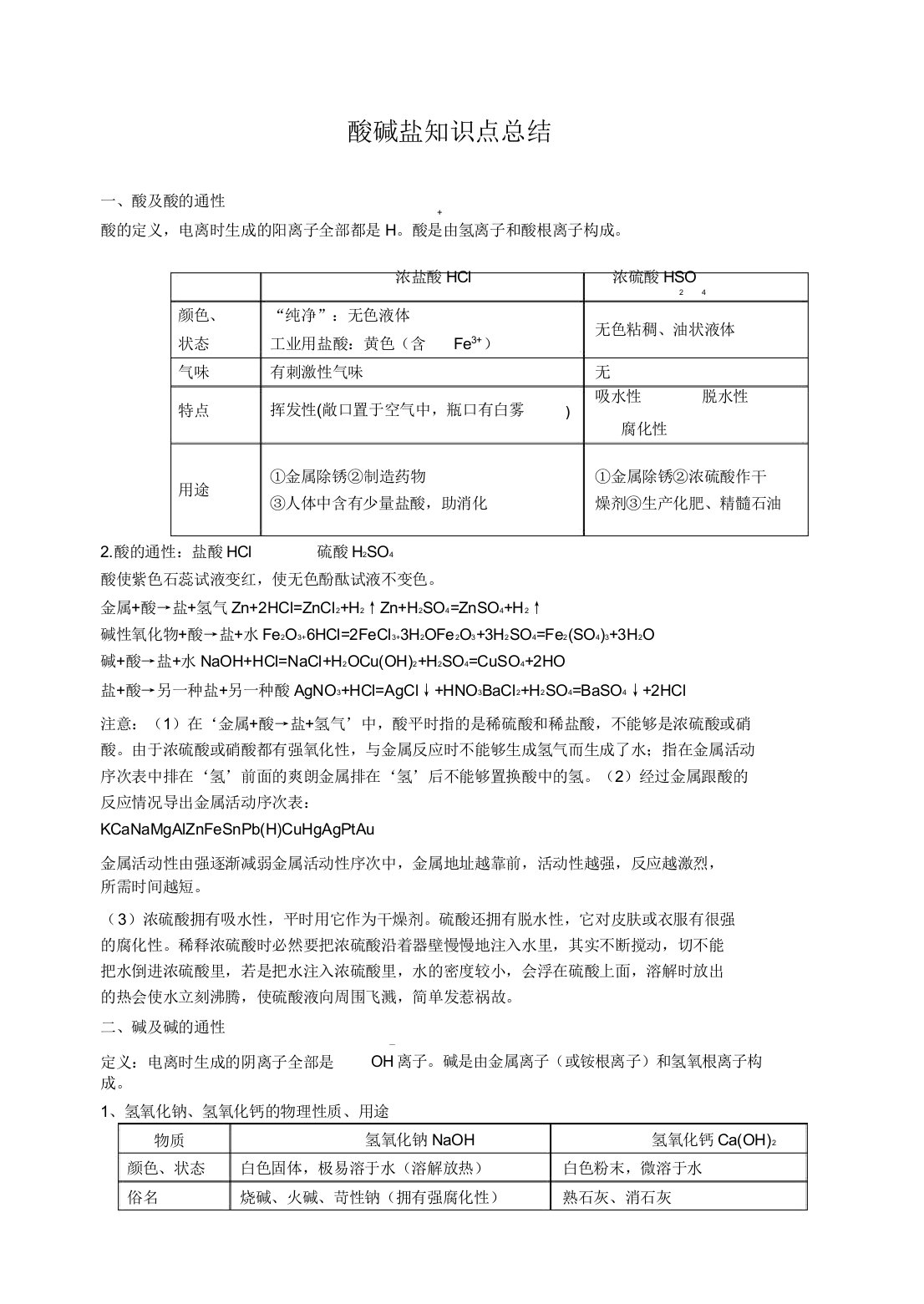 酸碱盐知识点总结及汇总