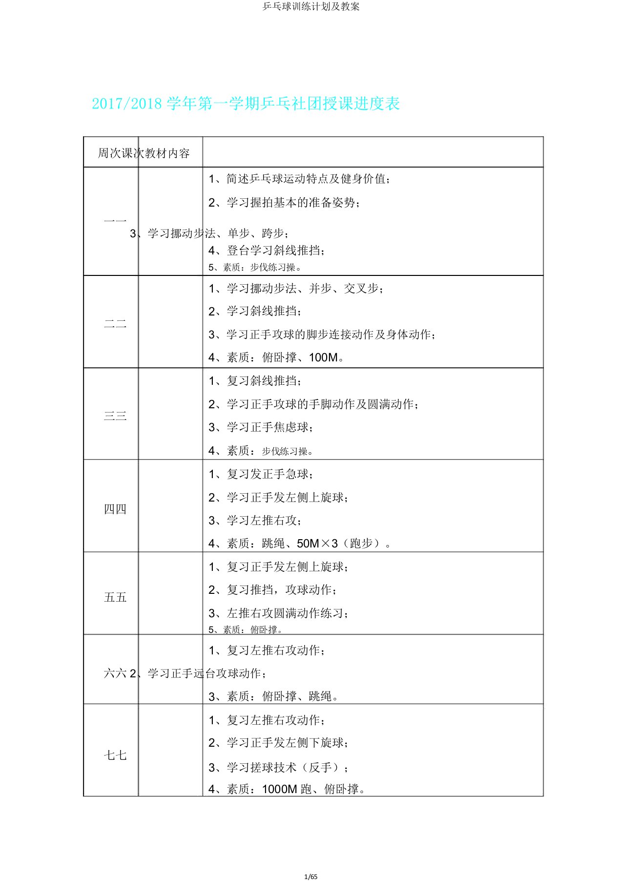 乒乓球训练计划及教案