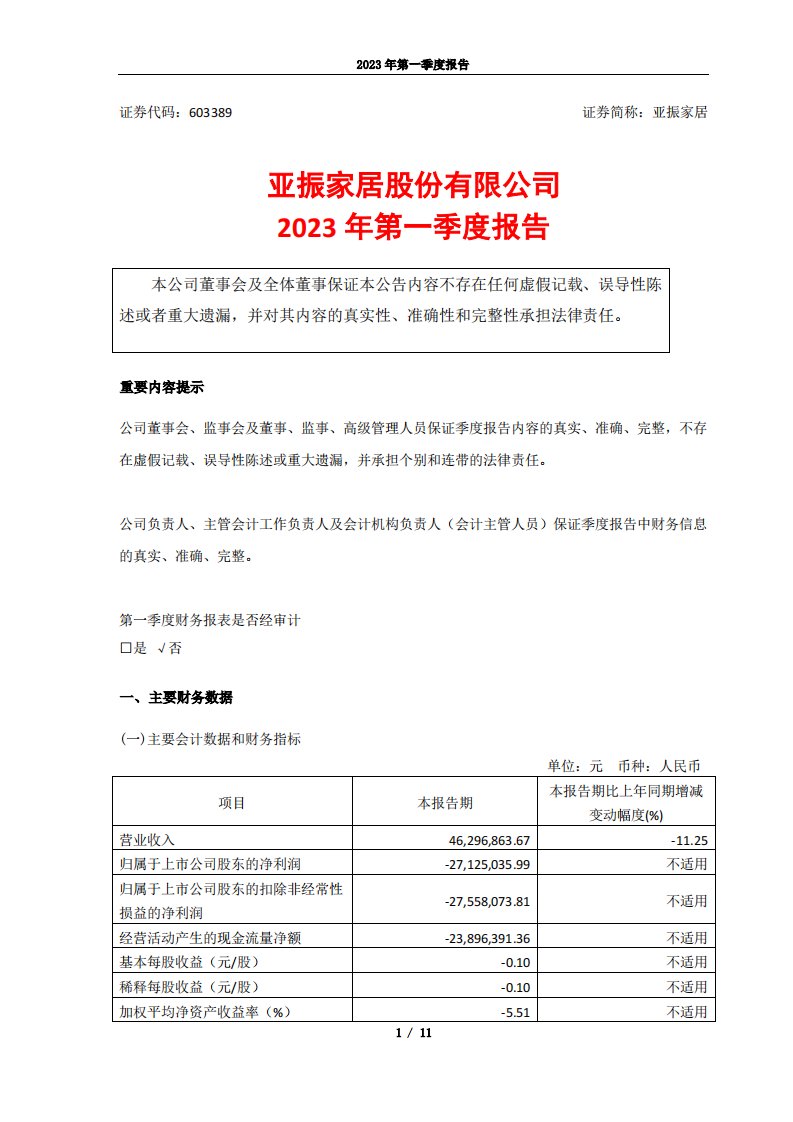 上交所-亚振家居股份有限公司2023年第一季度报告-20230424