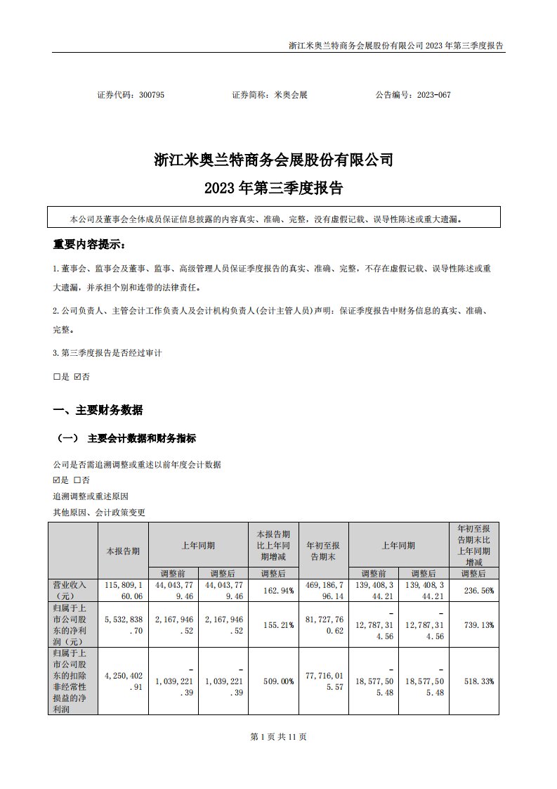 深交所-米奥会展：2023年三季度报告-20231030