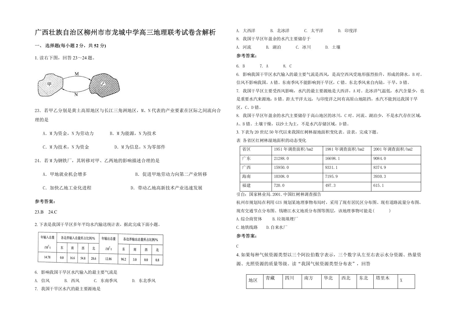 广西壮族自治区柳州市市龙城中学高三地理联考试卷含解析