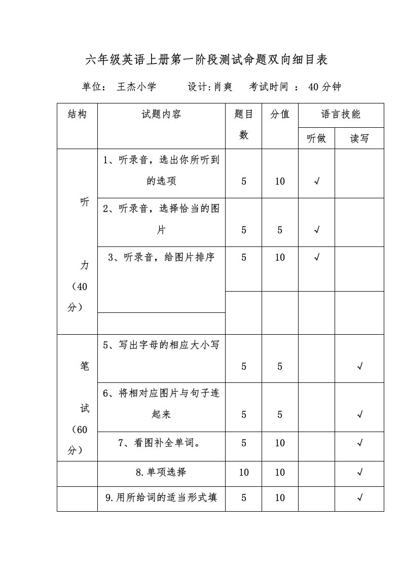 四年级英语上册第一阶段测试命题双向细目表