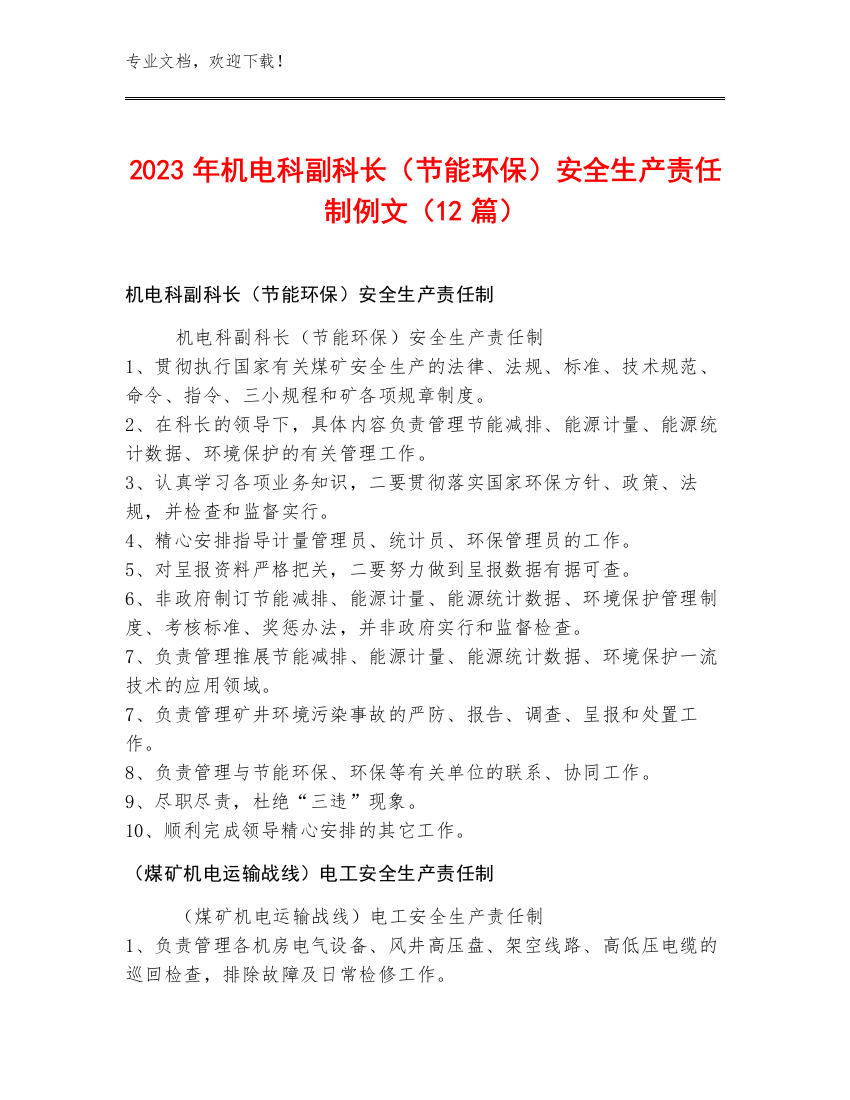 2023年机电科副科长（节能环保）安全生产责任制例文（12篇）