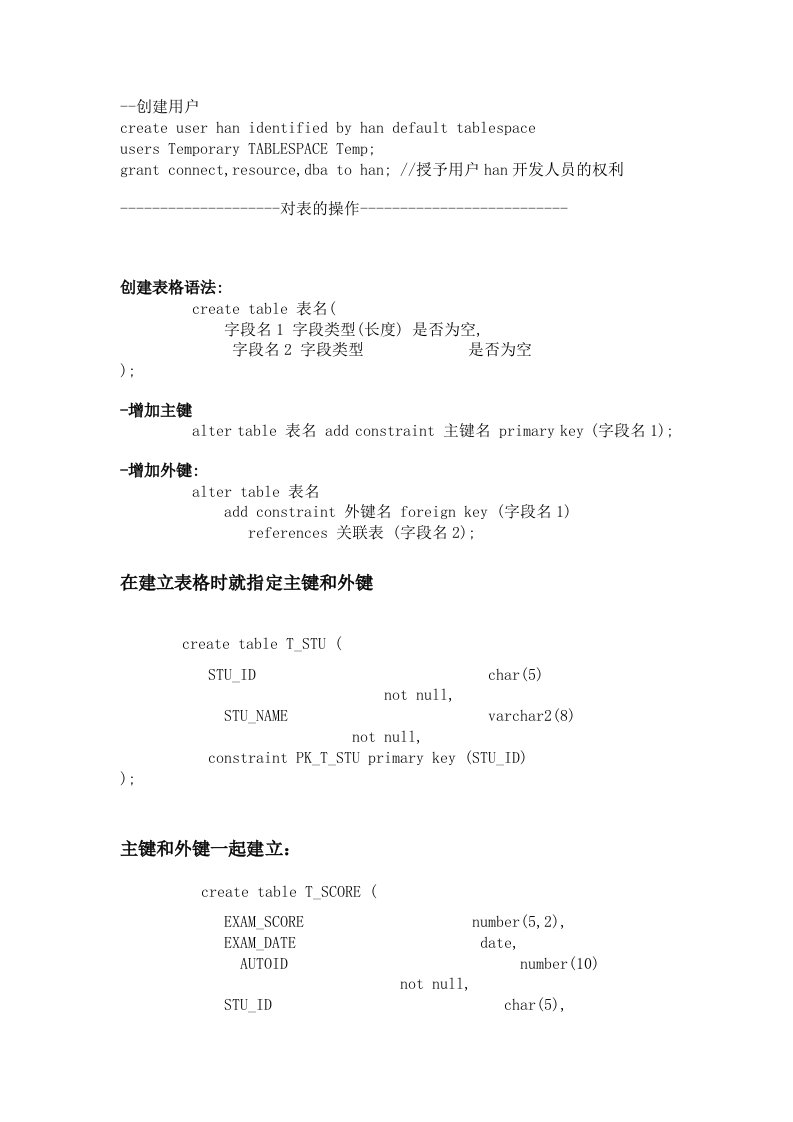 Oracle基本建表语句