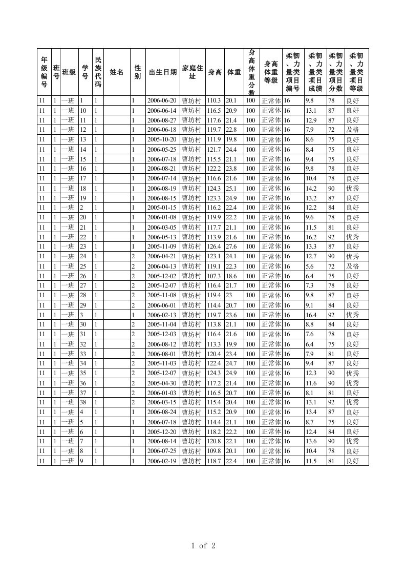 一年级学生体质健康测试数据登记表