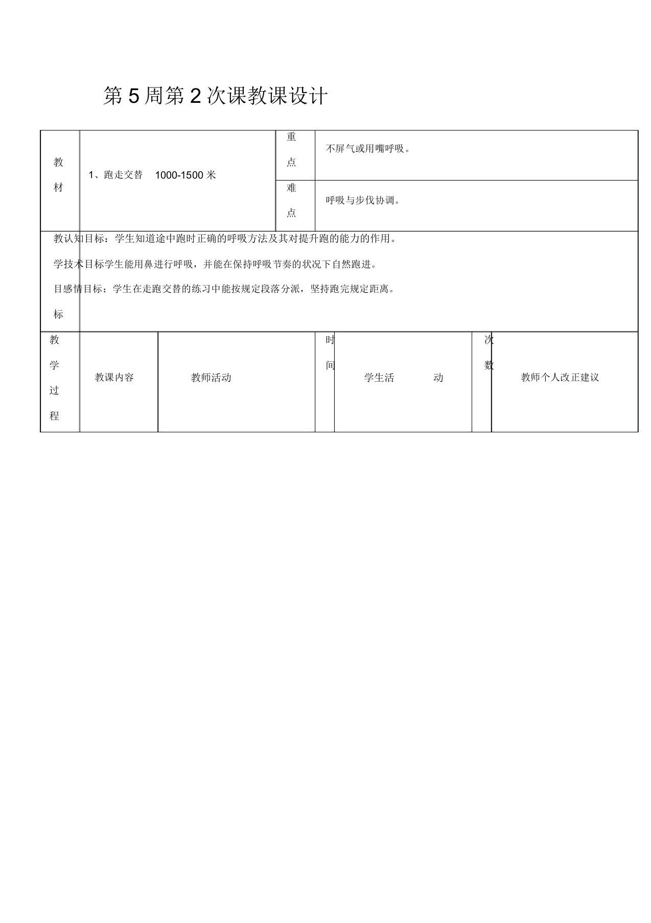 初二年级体育教案第5周第2次课跑走交替10001500米