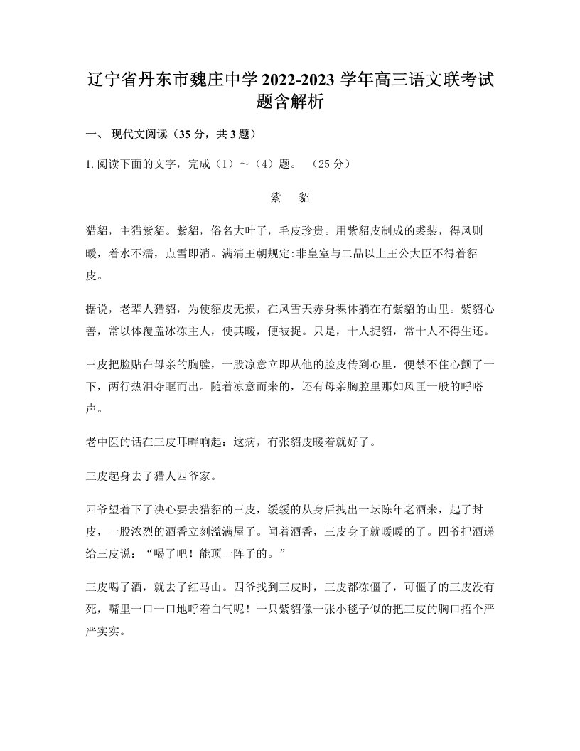 辽宁省丹东市魏庄中学2022-2023学年高三语文联考试题含解析