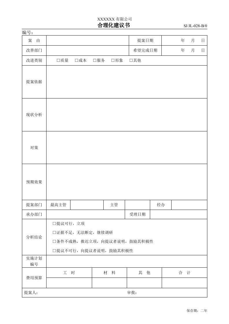 某汽车电机、风机总成设计制造公司TS16949程序文件全套(222个文件)-12M合理化建议书-028-程序文件