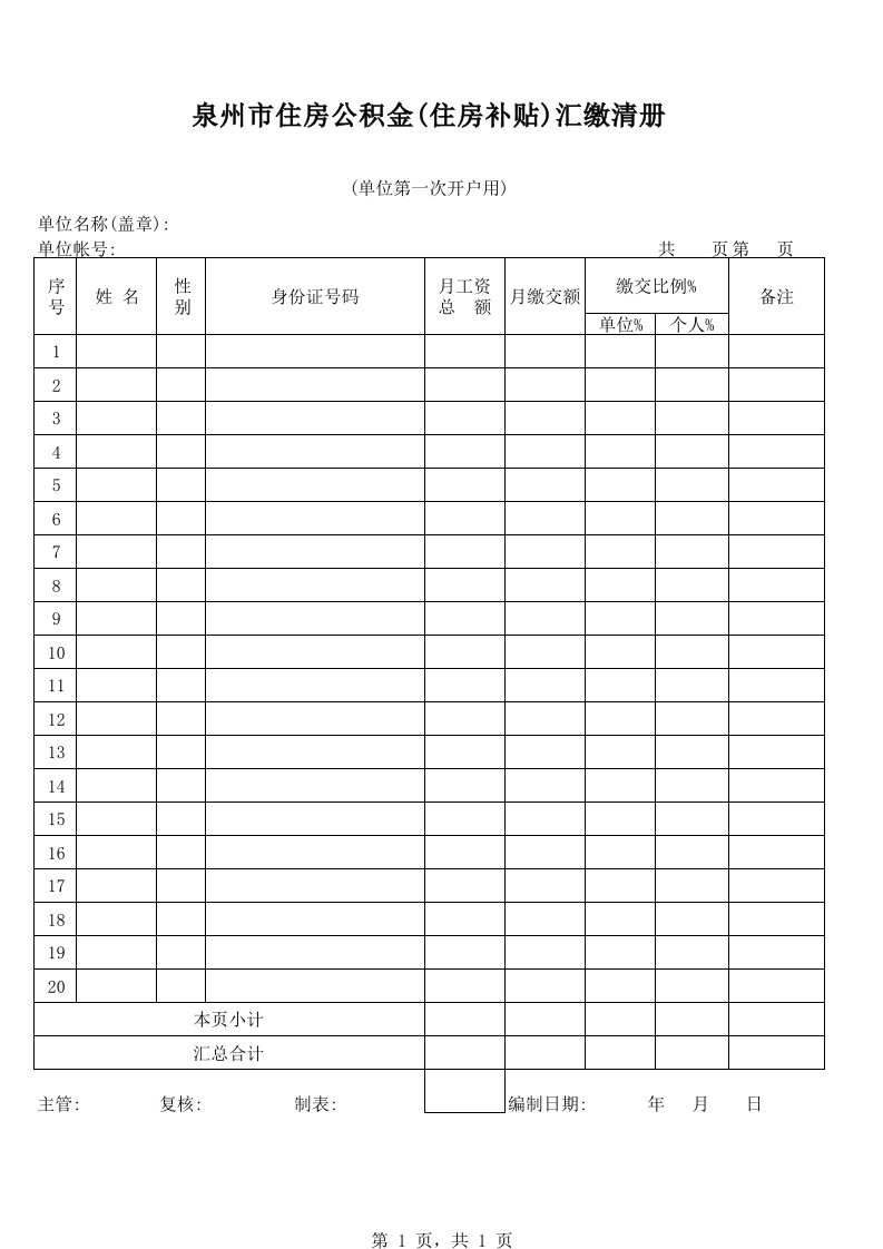 泉州市住房公积金汇缴清册(第一次开户用)