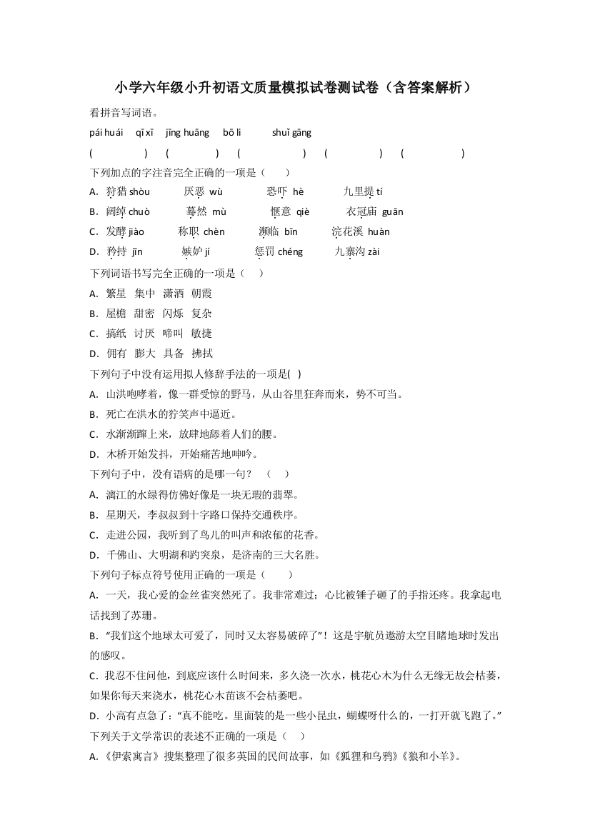 小学六年级小升初语文质量模拟试卷测试卷(含答案解析)