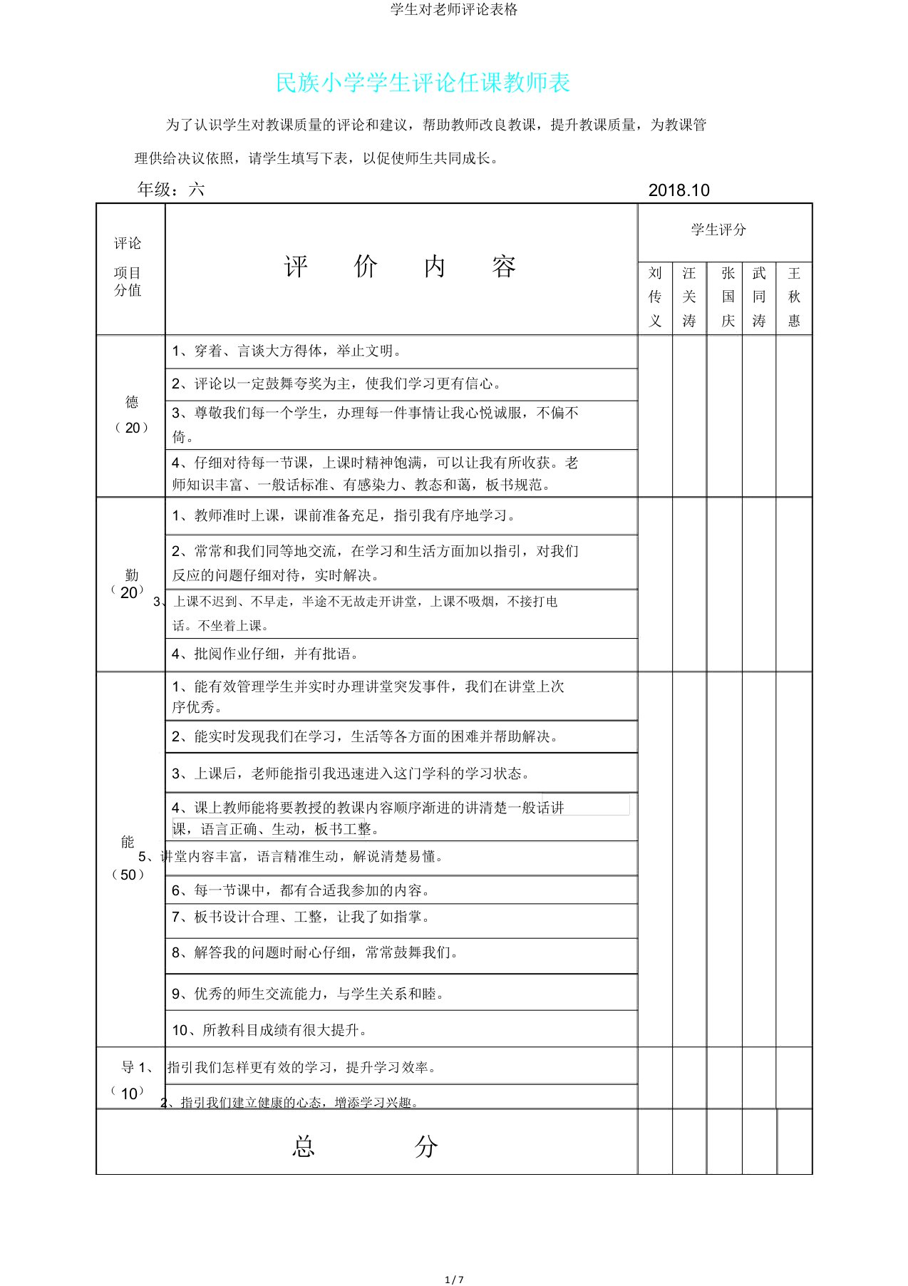 学生对老师评价表格