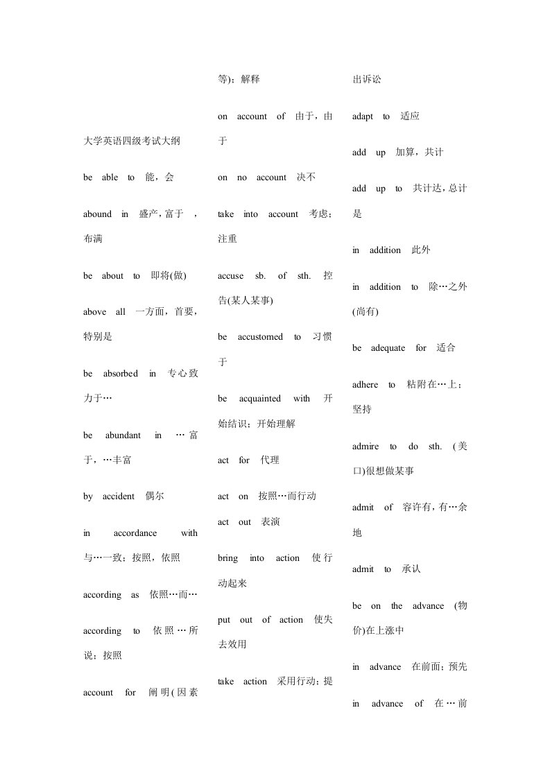 2022年最新大学英语四级考试模拟短语