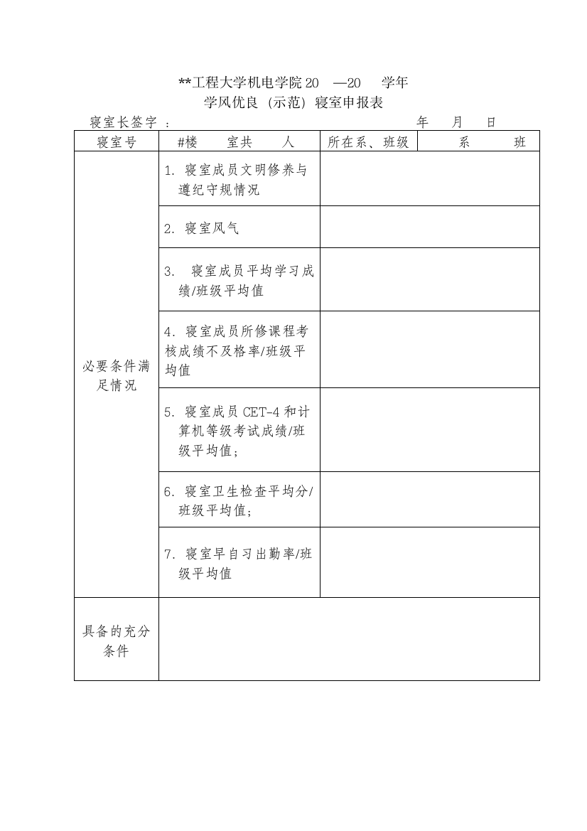 工程大学机电学院学风优良(示范)寝室申报表