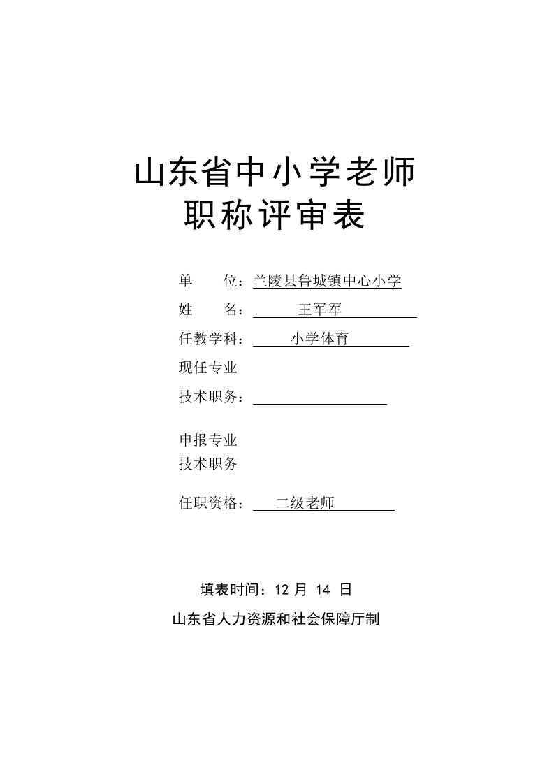 2021年山东省中小学教师职称评审表样表