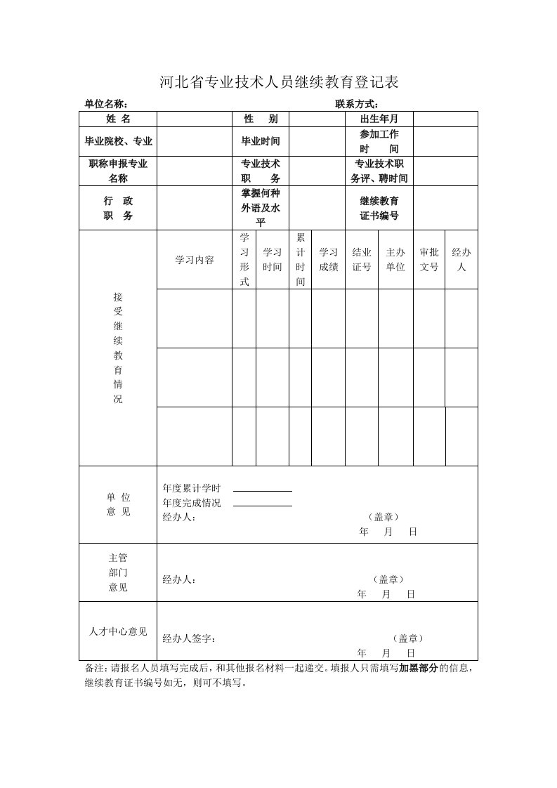 河北省专业技术人员继续教育登记表