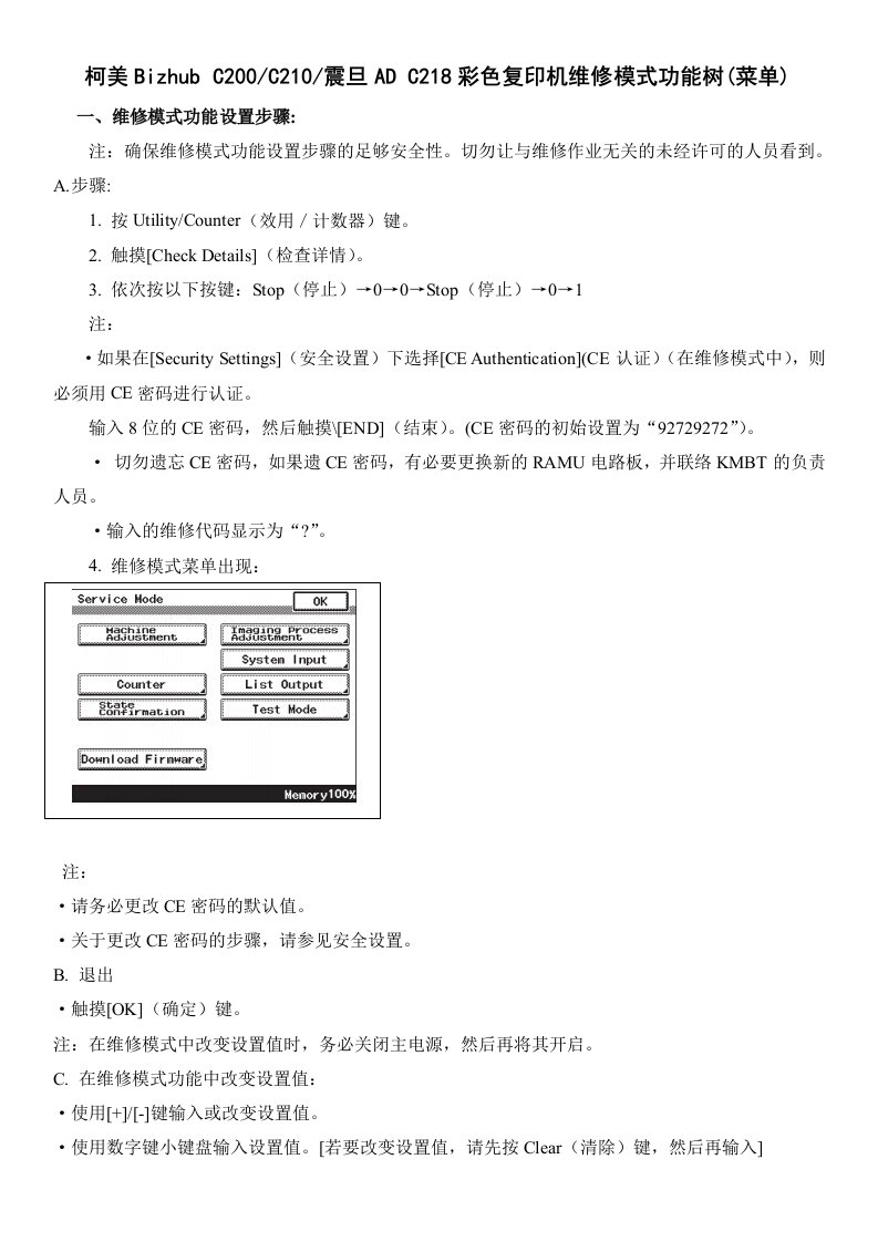 柯美BizhubC200C210震旦ADC218彩色复印机维修模式功能树(菜单)