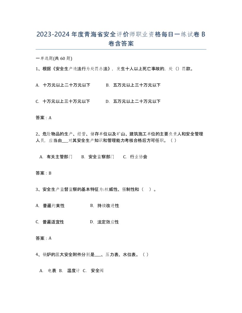 2023-2024年度青海省安全评价师职业资格每日一练试卷B卷含答案