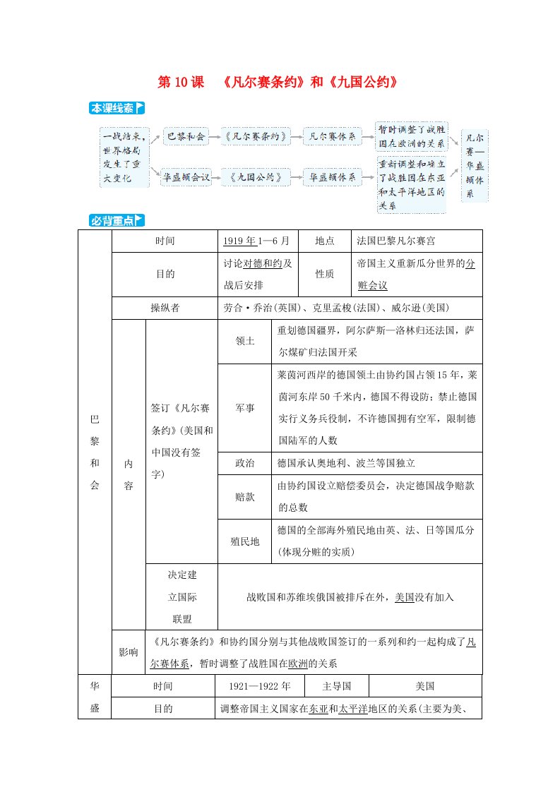 2024九年级历史下册第3单元第一次世界大战和战后初期的世界第10课凡尔赛条约和九国公约小册新人教版