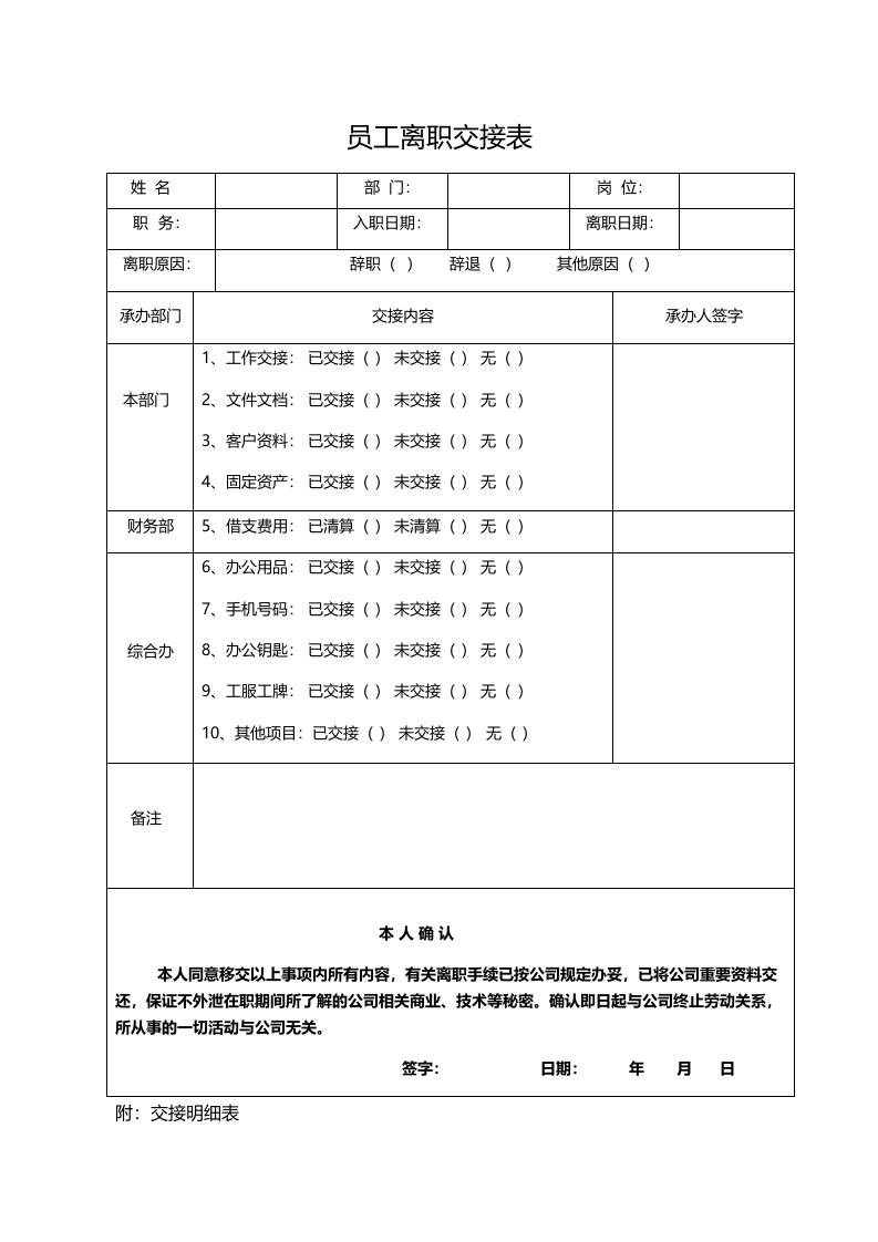 员工离职交接表及明细表