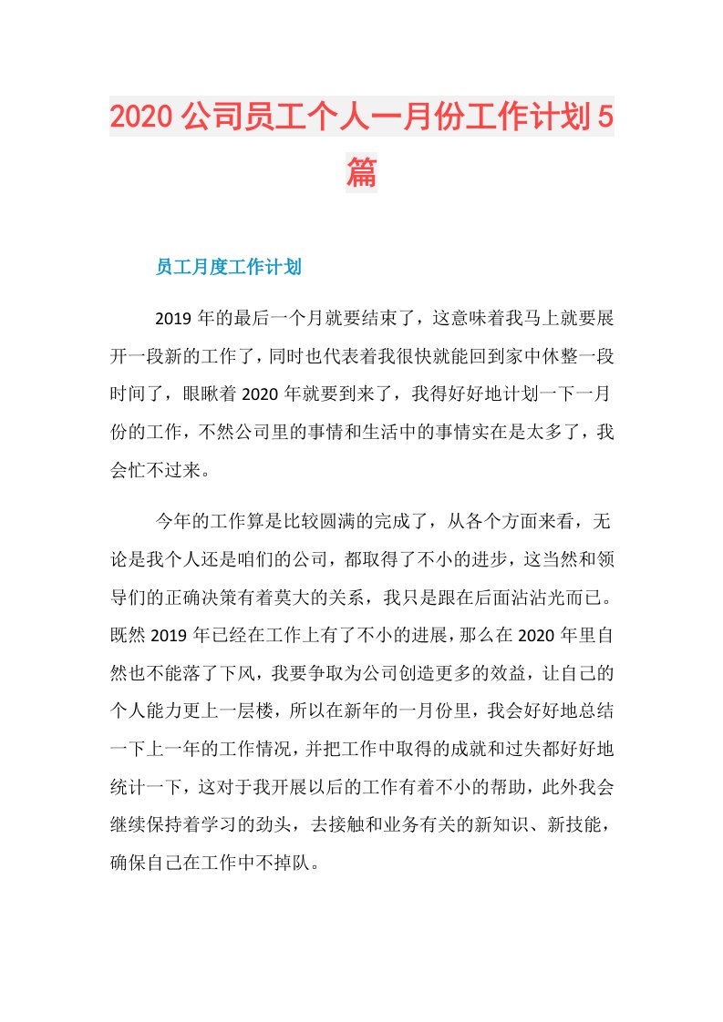 公司员工个人一月份工作计划5篇