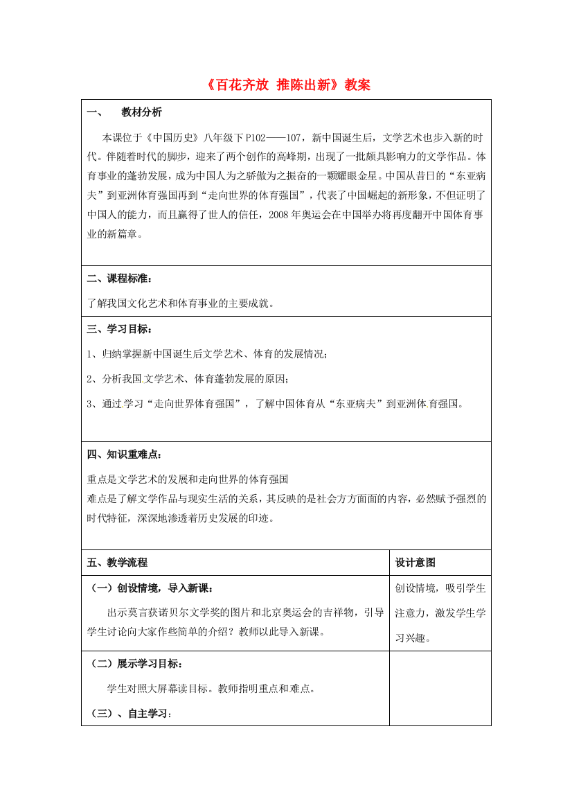 山东省滕州市大坞镇大坞中学八年级历史下册《百花齐放