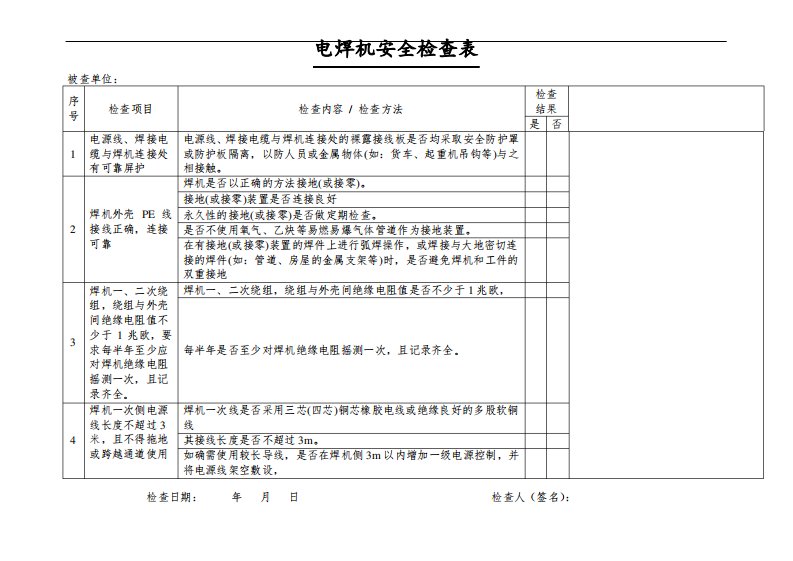 电焊机安全检查表