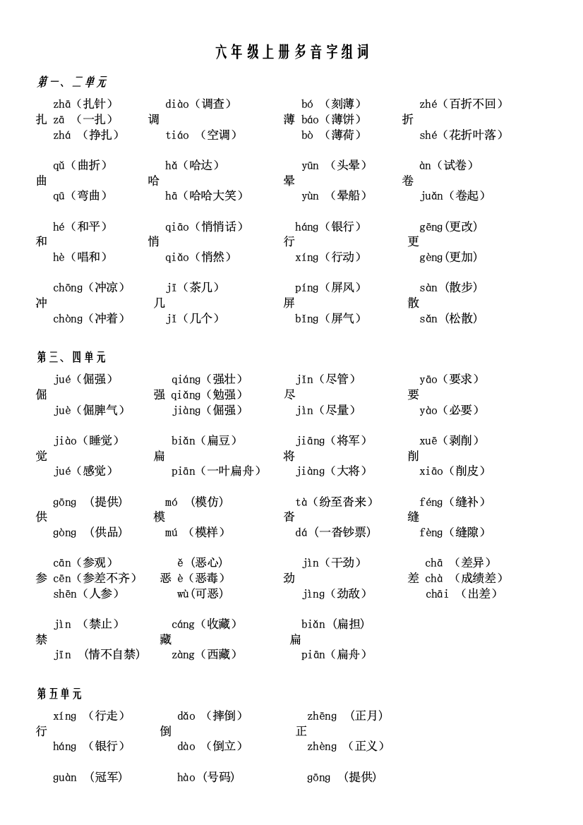 人教版六年级上册多音字组词