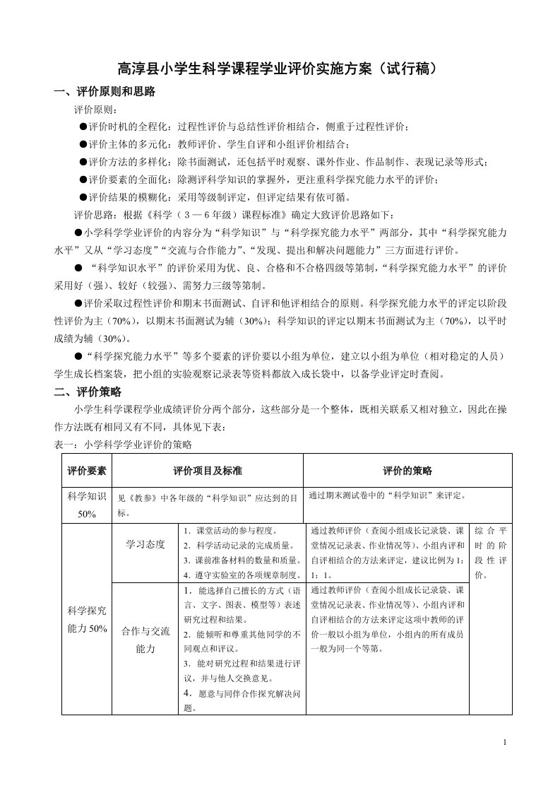 高淳县小学生科学课程学业评价实施方案(试行稿)