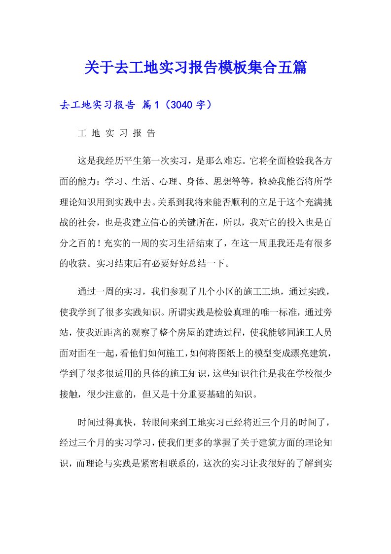 关于去工地实习报告模板集合五篇