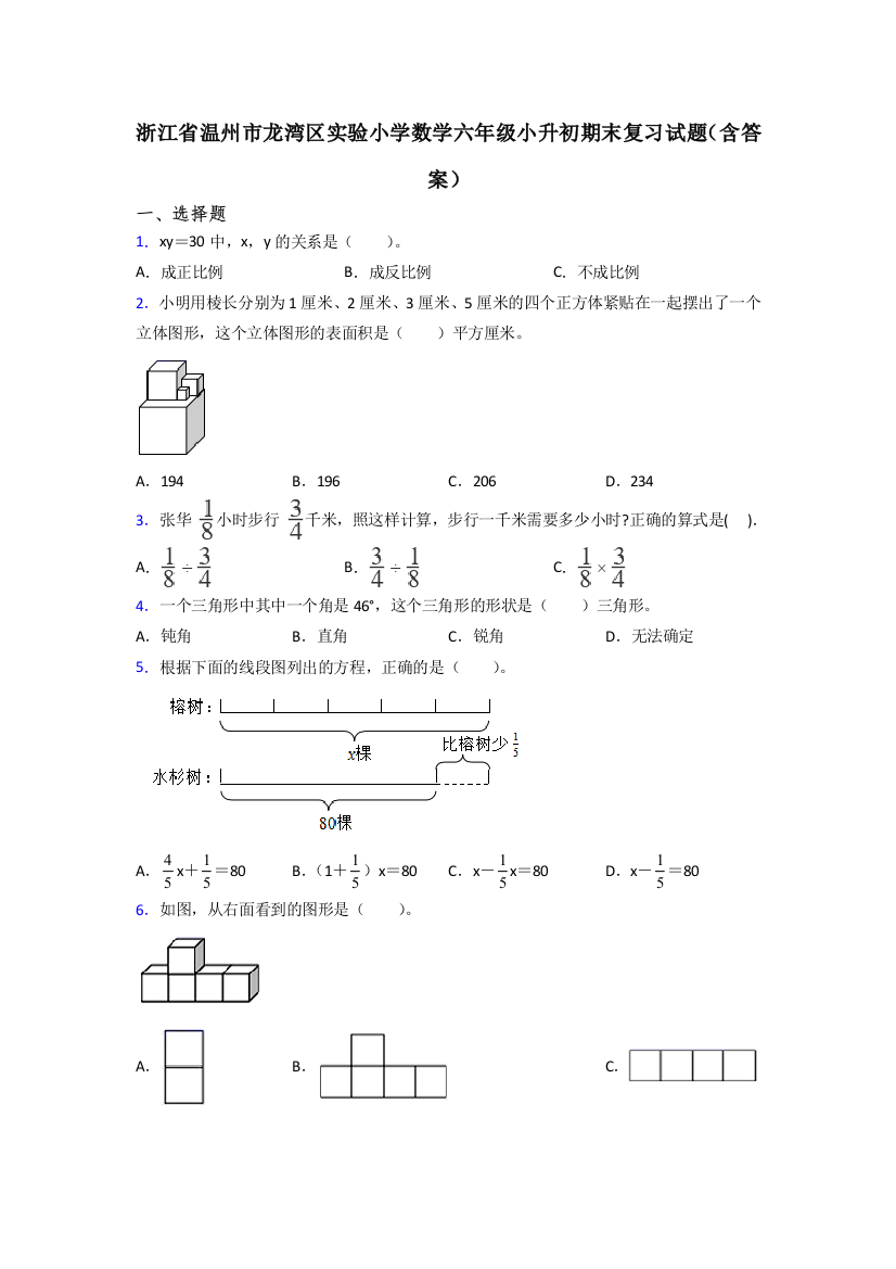 浙江省温州市龙湾区实验小学数学六年级小升初期末复习试题(含答案)