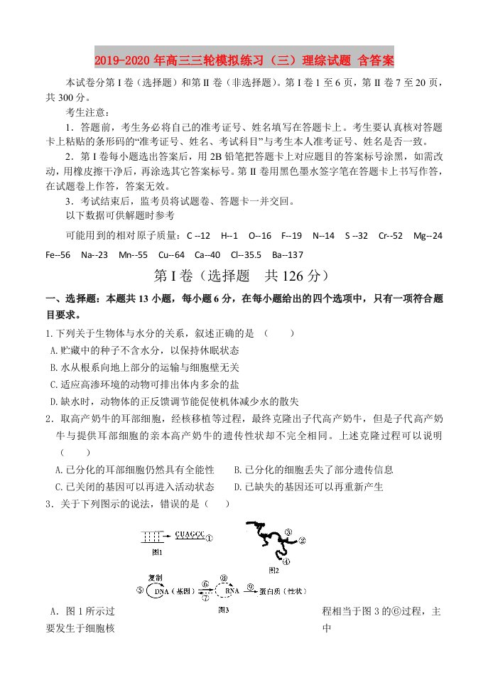 2019-2020年高三三轮模拟练习（三）理综试题