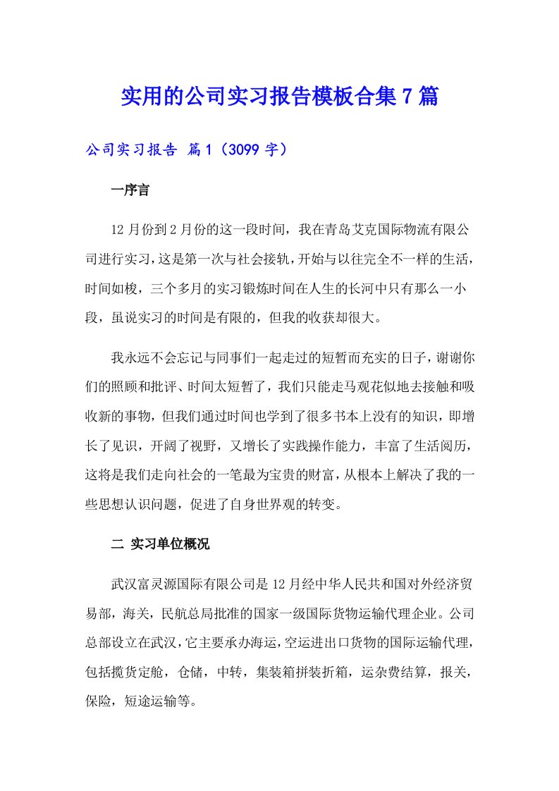 实用的公司实习报告模板合集7篇