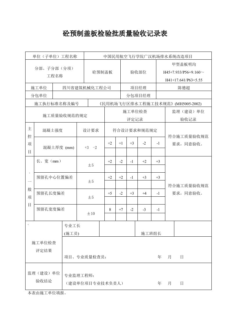 砼预制盖板检验批质量验收记录表