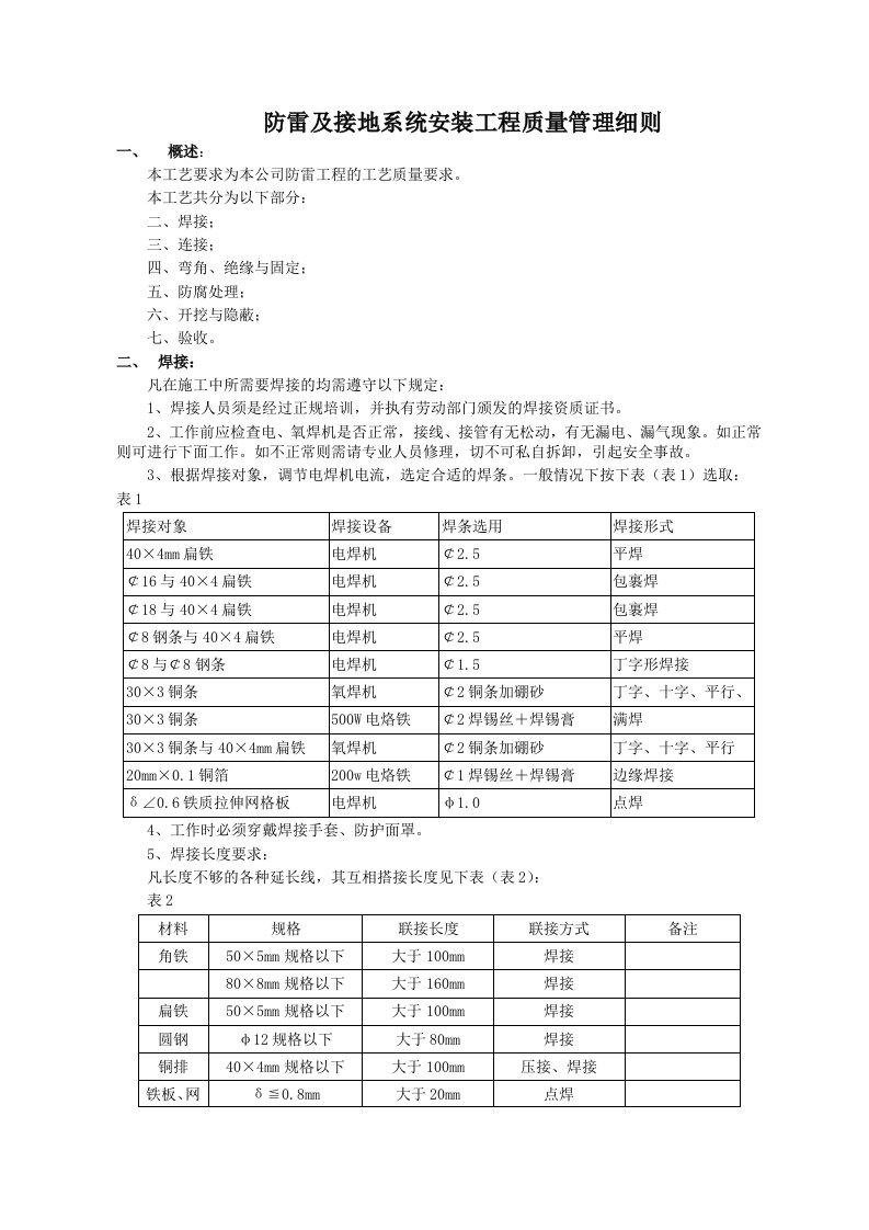 防雷与接地系统安装工程施工工艺质量标准