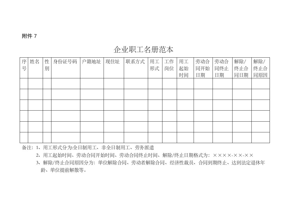 企业职工花名册范本