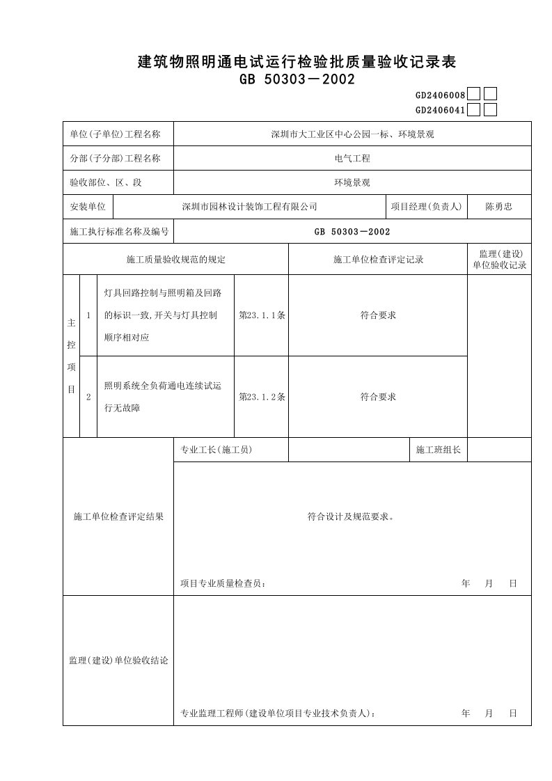 建筑工程-建筑物照明通电试运行检验批质量验收记录表