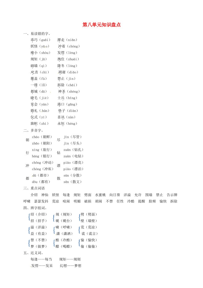 2020年四年级语文下册第八单元知识盘点新人教版