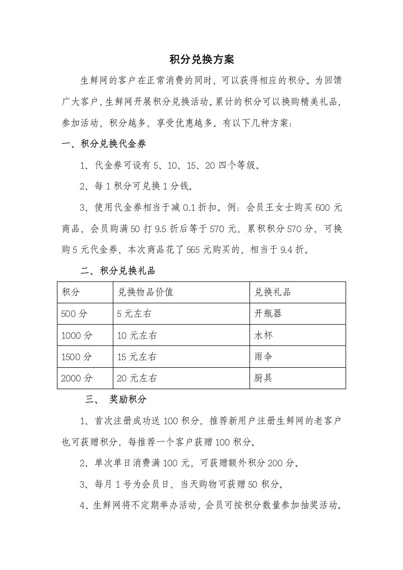 会员积分兑换方案