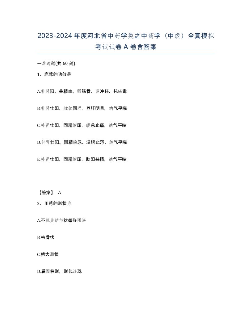 2023-2024年度河北省中药学类之中药学中级全真模拟考试试卷A卷含答案