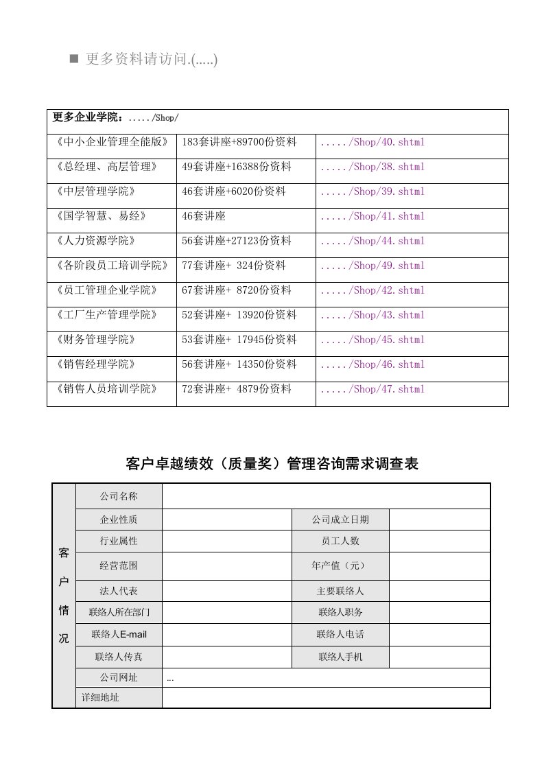 客户卓越绩效管理咨询需求调查表