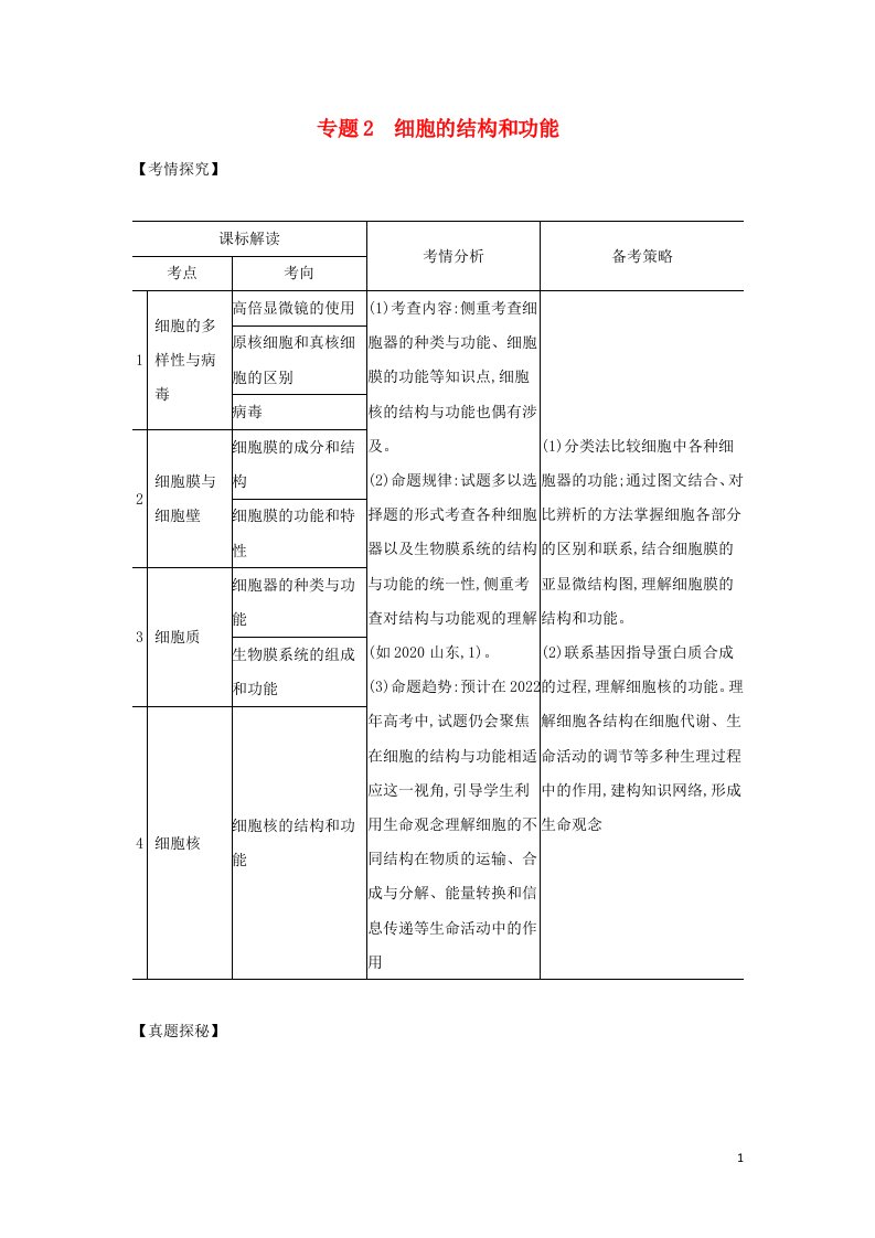 山东专用2022年高考生物一轮复习专题2细胞的结构和功能_基础集训含解析