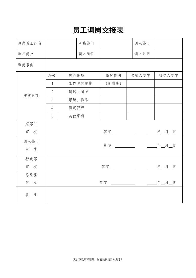 企业员工调岗交接表