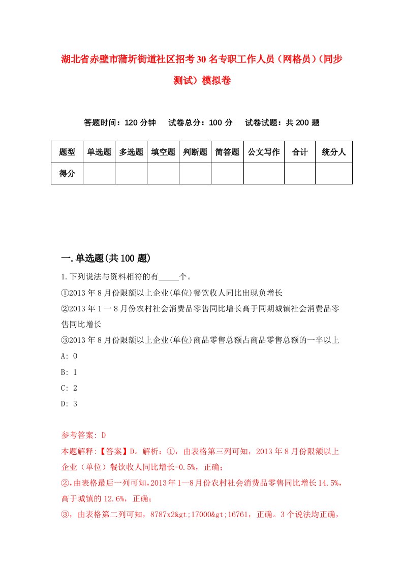 湖北省赤壁市蒲圻街道社区招考30名专职工作人员网格员同步测试模拟卷41