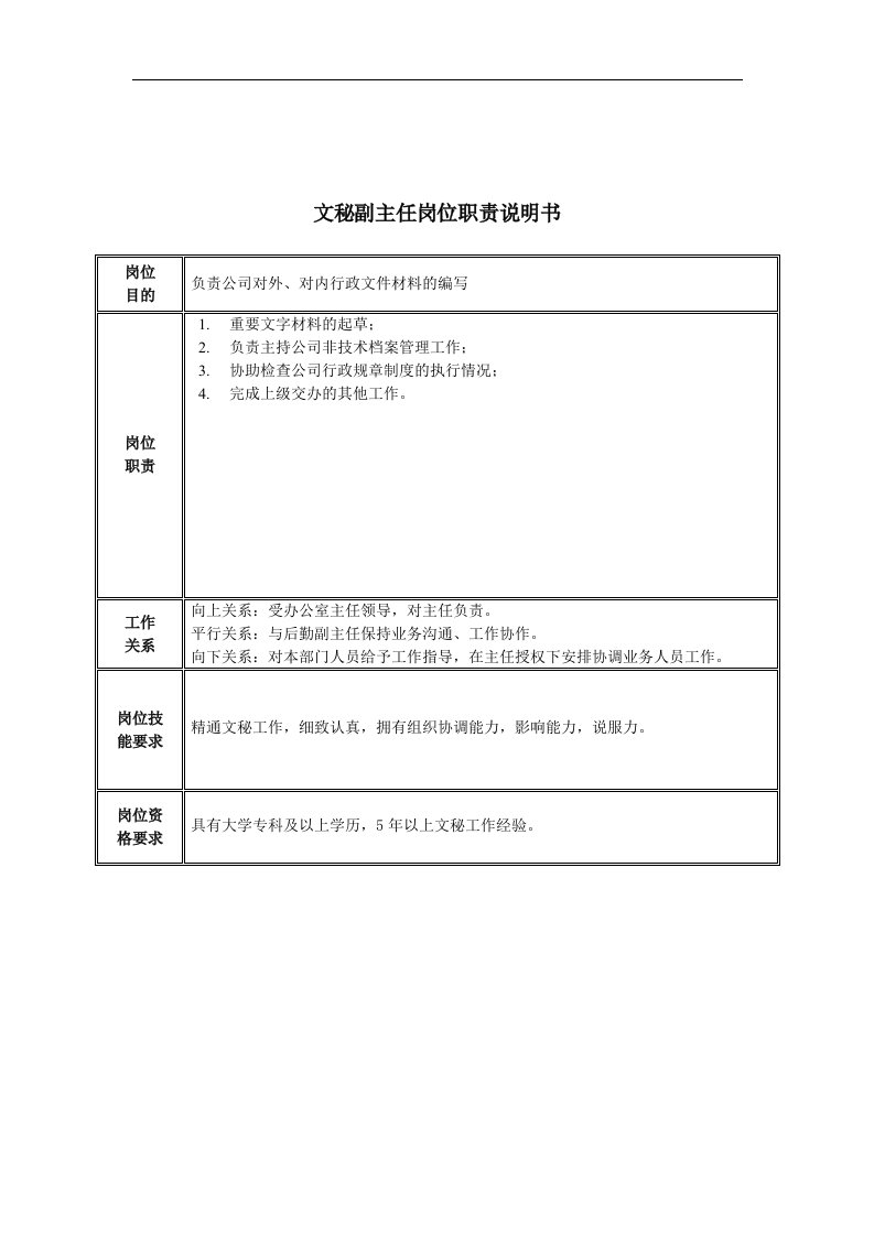 文秘副主任岗位职责说明书