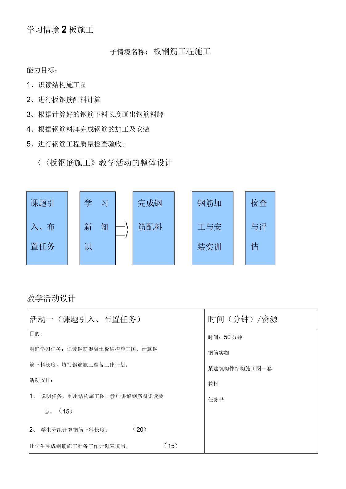 板钢筋工程施工教学设计