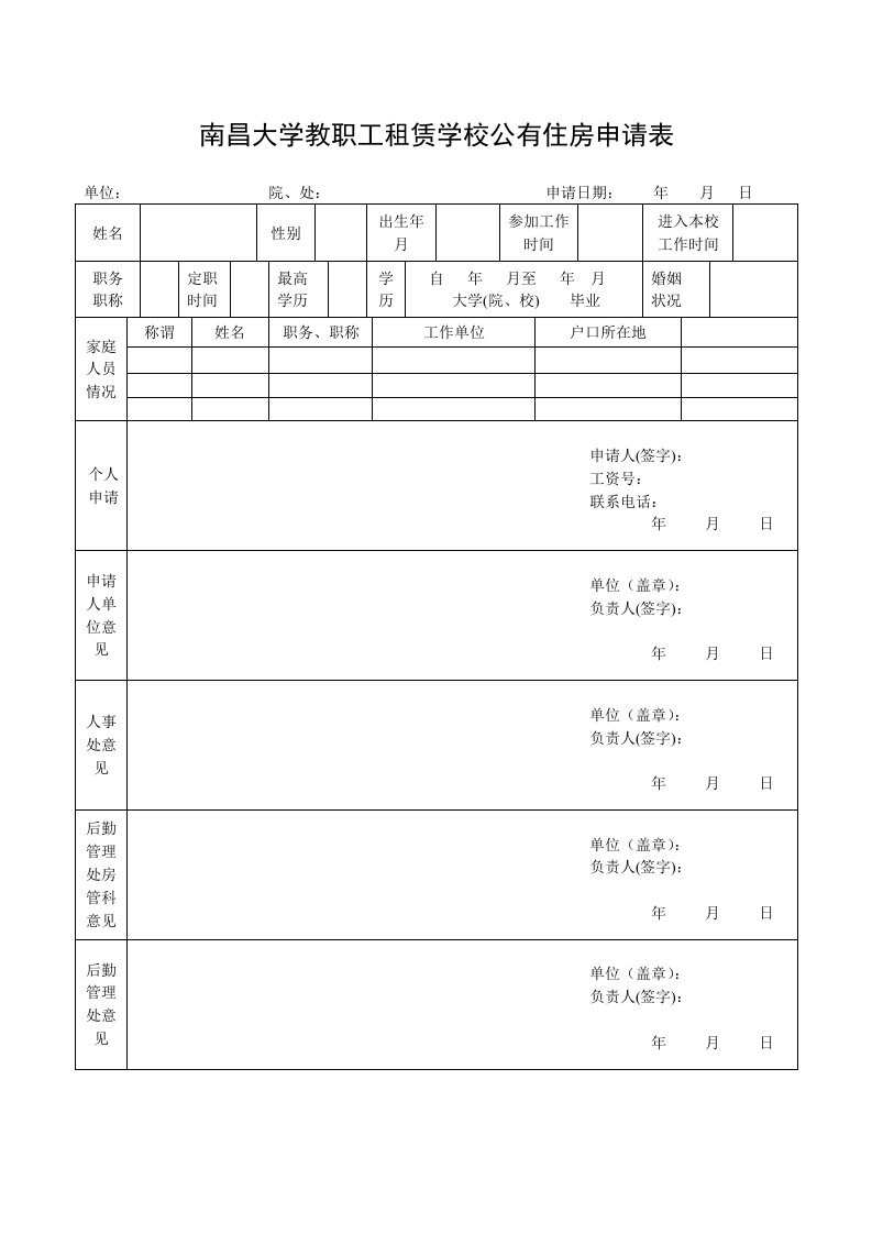 《南昌大学教职工租赁学校公有住房申请表》