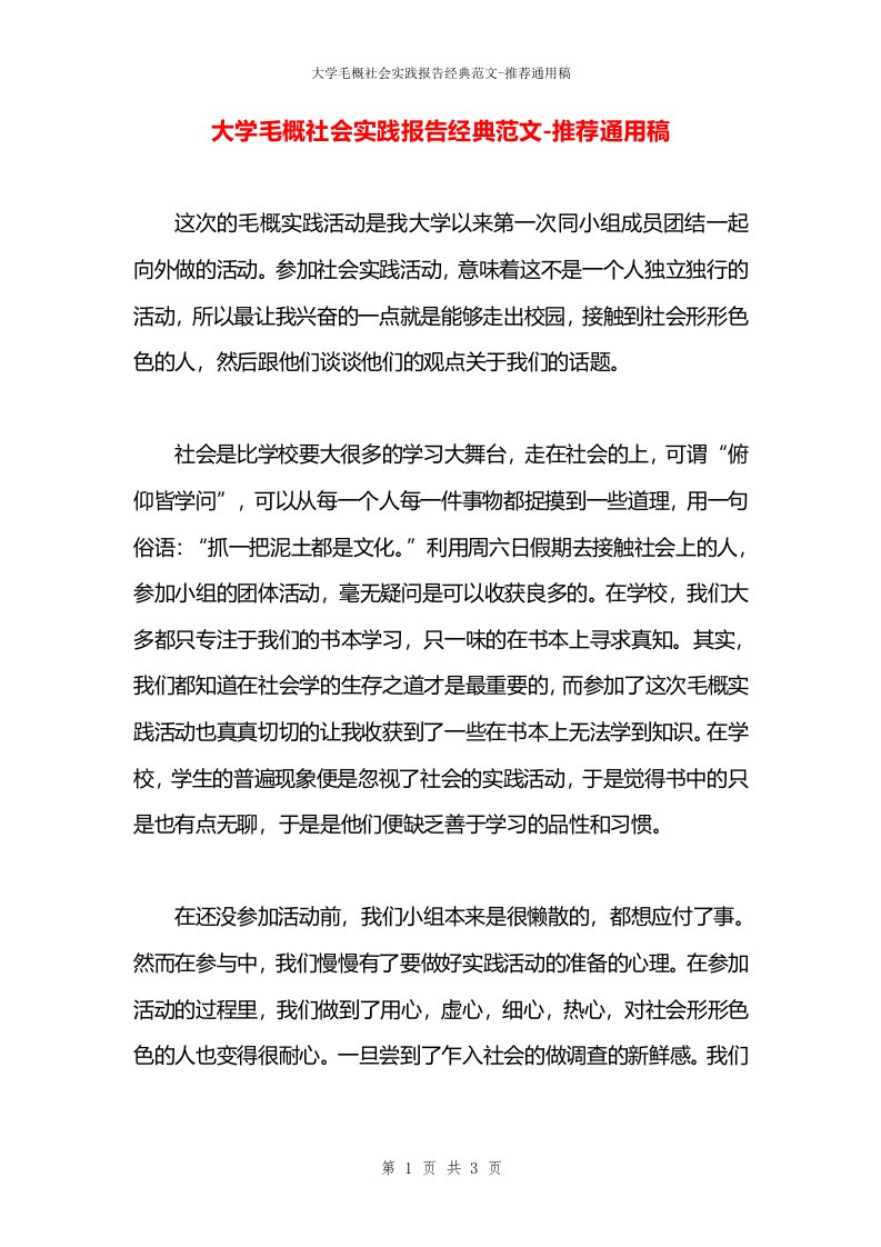 大学毛概社会实践报告经典范文