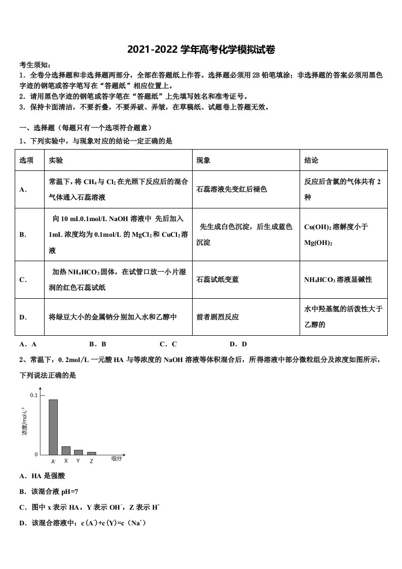 2022年四川省绵阳市绵阳高三（最后冲刺）化学试卷含解析