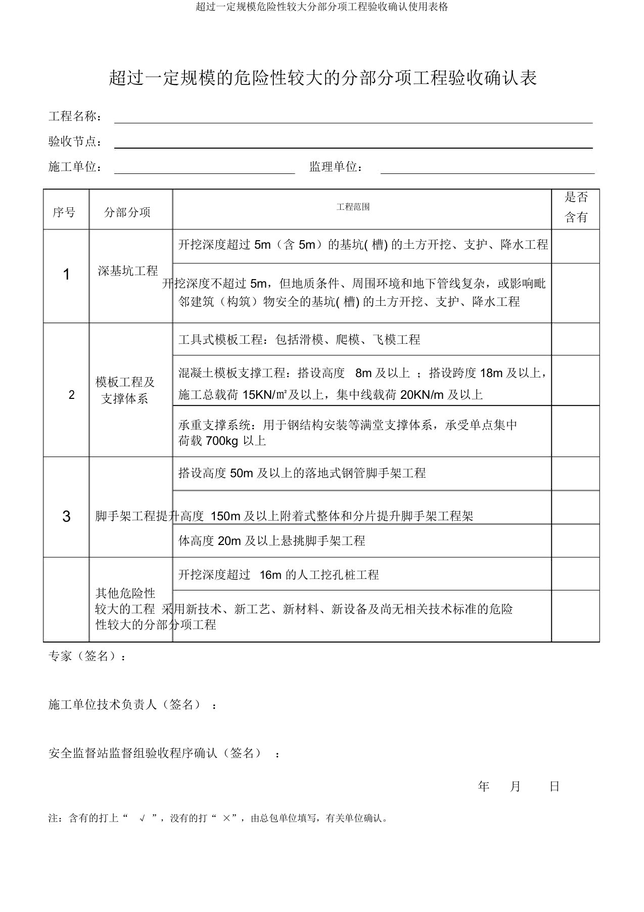 超过一定规模危险性较大分部分项工程验收确认使用表格