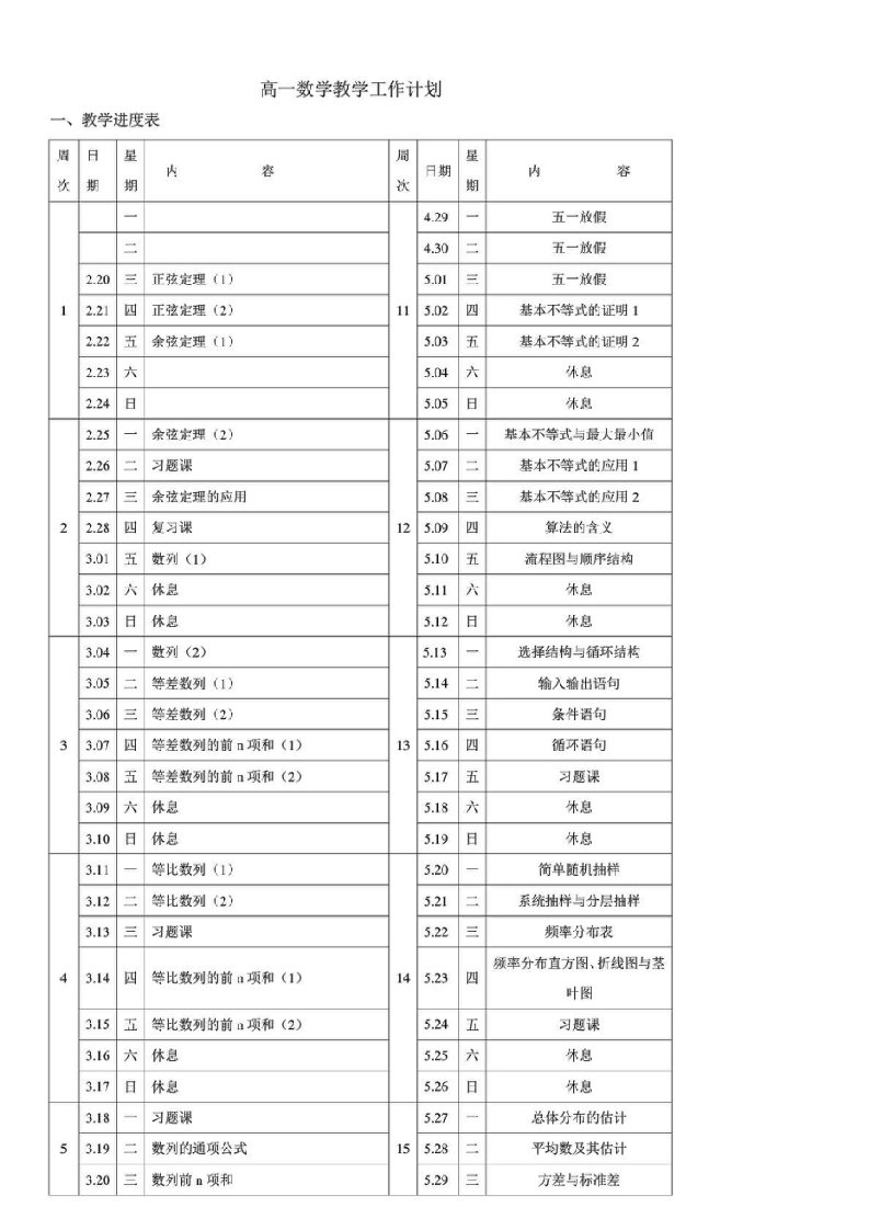 高一下学期教学进度及要求(1)